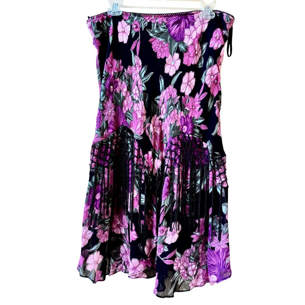 Dress Barn Vtg 90s Floral Lined Skirt with Fringe and Sequins and Beads